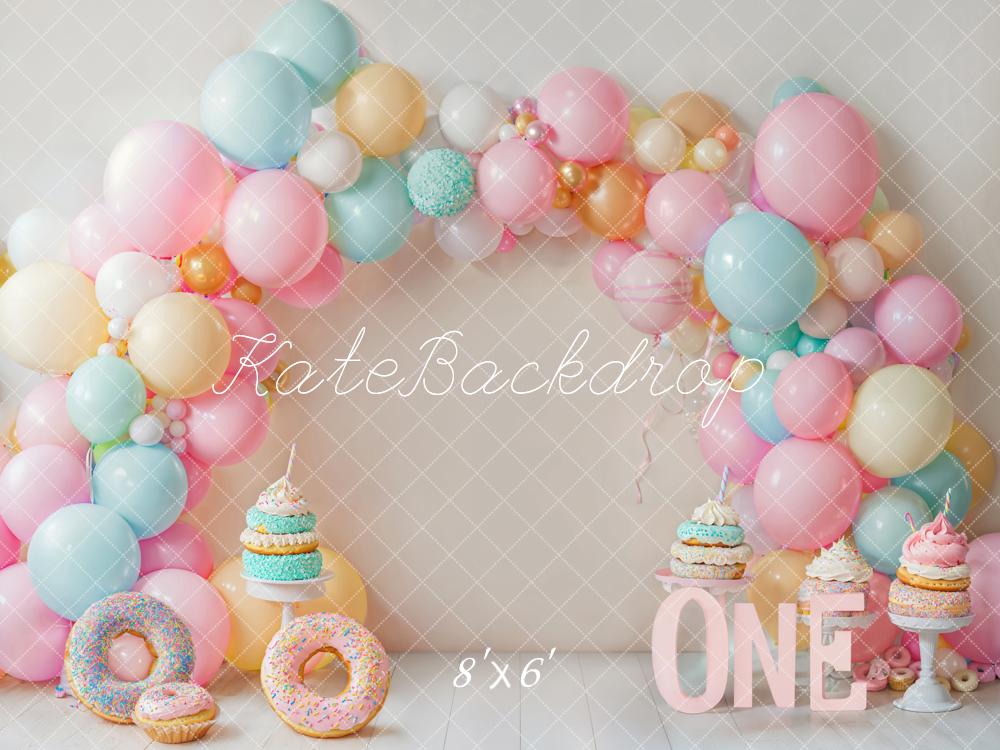 Kate Cake Smash Donut Pastel Balloon Arch Backdrop Designed by Emetselch