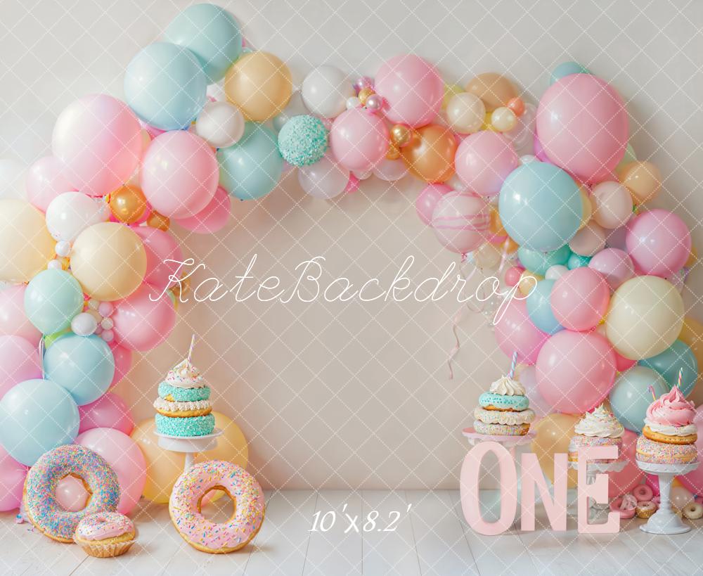 Kate Cake Smash Donut Pastel Balloon Arch Backdrop Designed by Emetselch