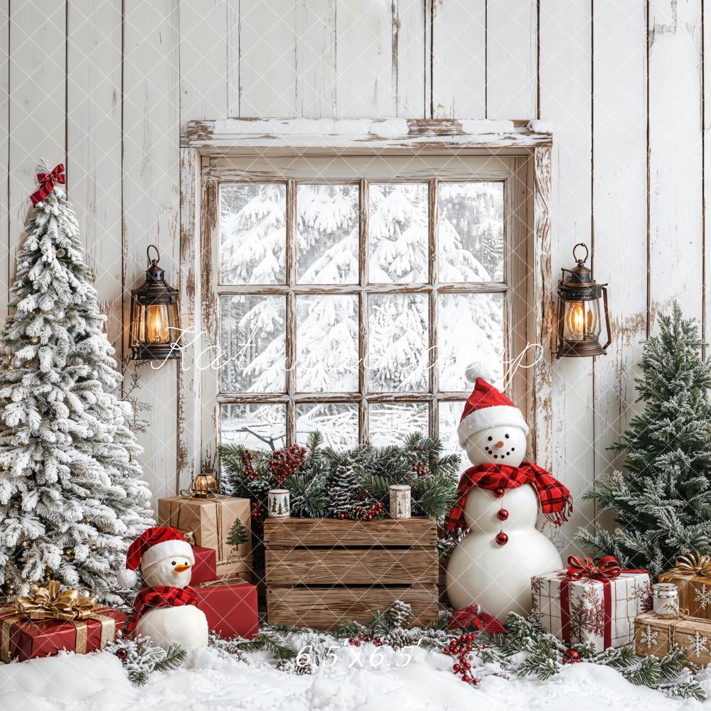Kate Christmas Tree Snowman Window Wood Backdrop Designed by Emetselch