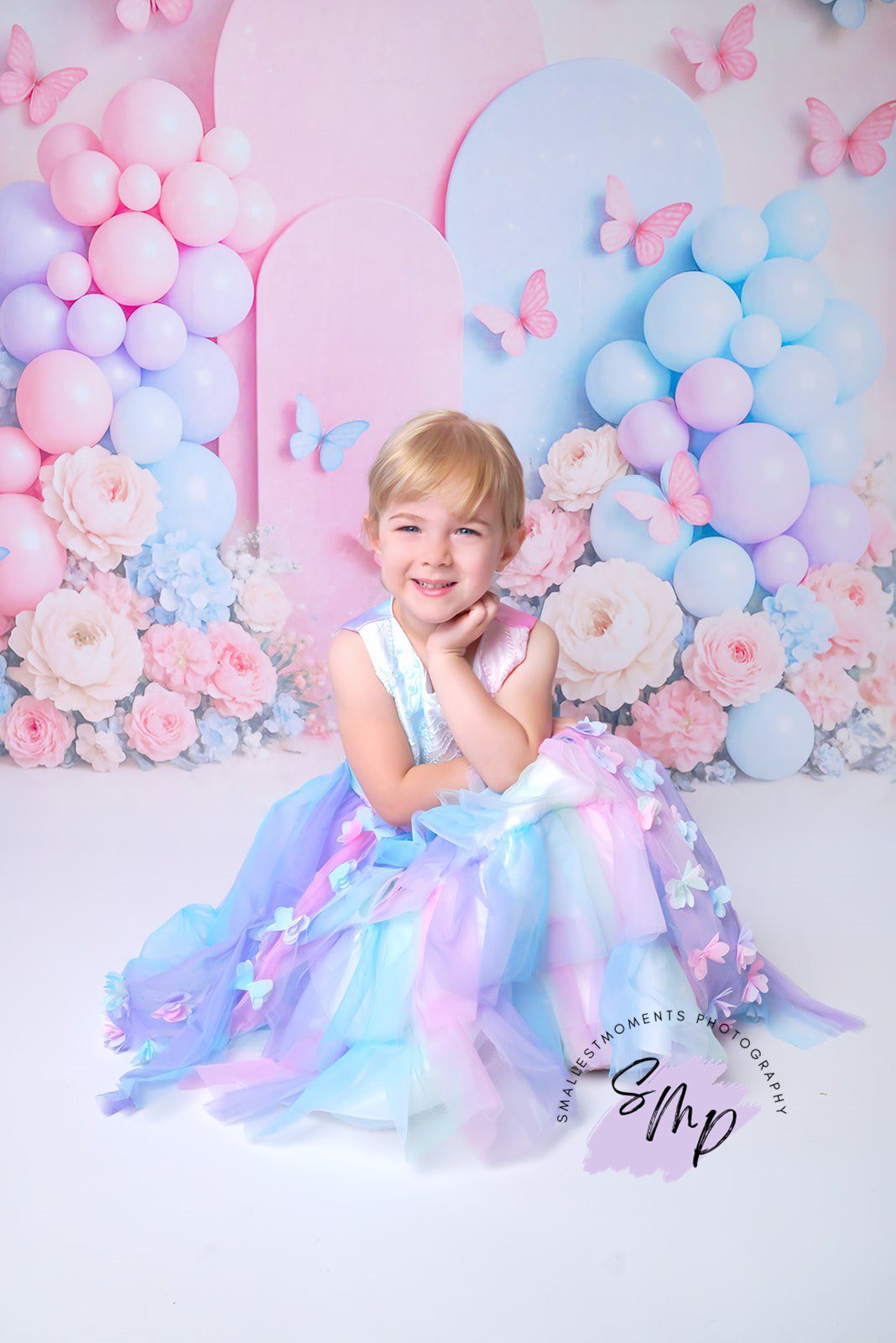 Kate Cake Smash Pastel Balloon Floral Butterfly Backdrop Designed by Ashley Paul -UK