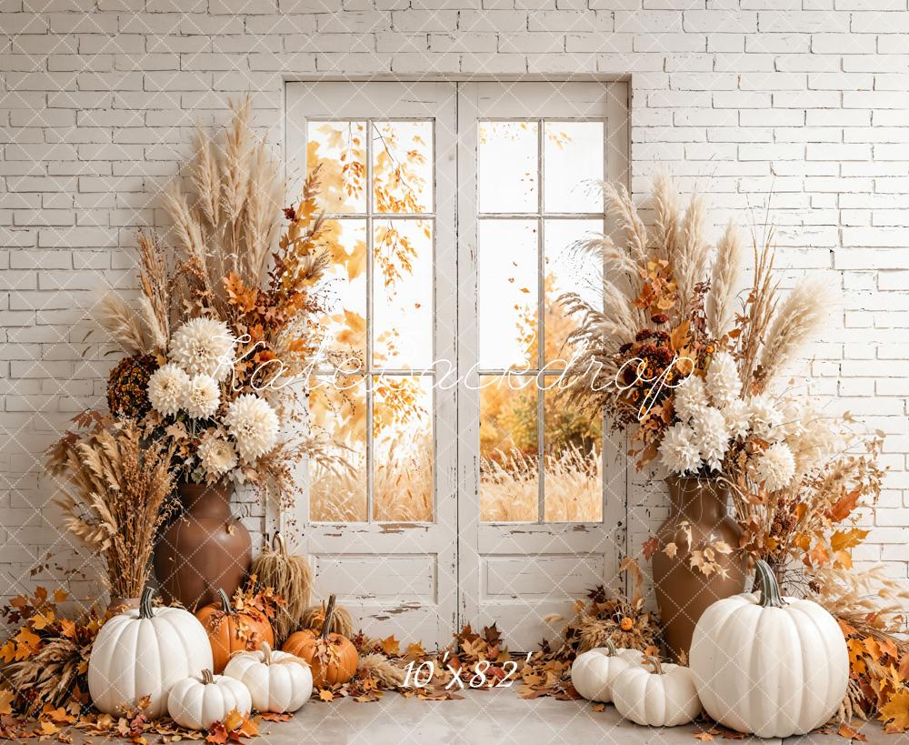 On Sale Kate Autumn Cozy Pumpkin Floral Window Backdrop Designed by Emetselch -UK