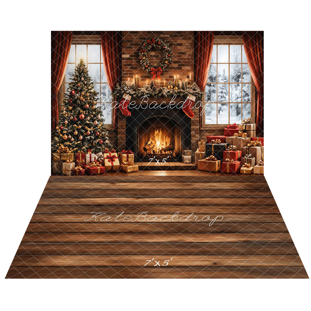 Kate Christmas Tree Fireplace Gifts Window Backdrop+Brown Wood Floor Backdrop -UK