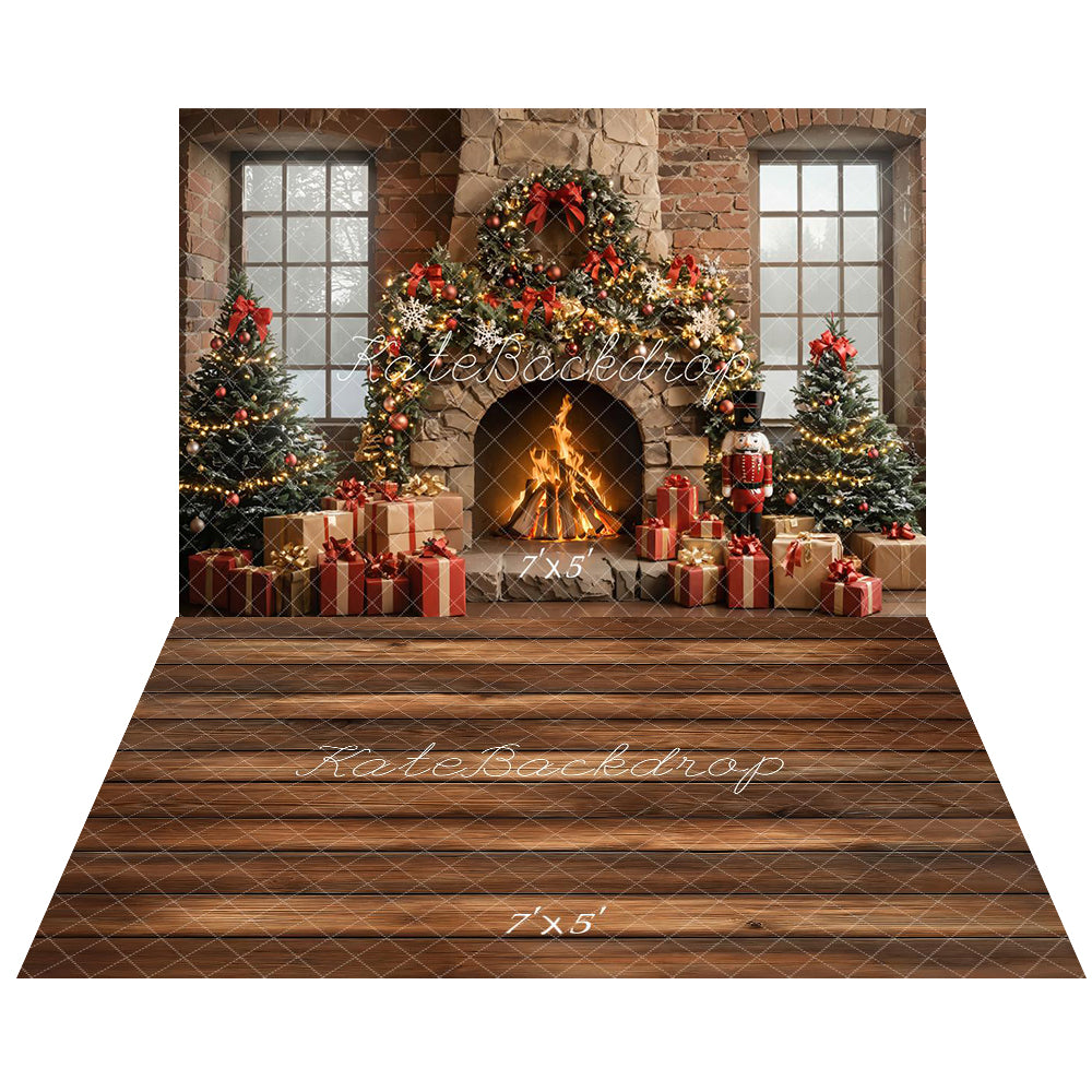 Kate Christmas Tree Fireplace Nutcracker Garland Backdrop+Brown Wood Floor Backdrop