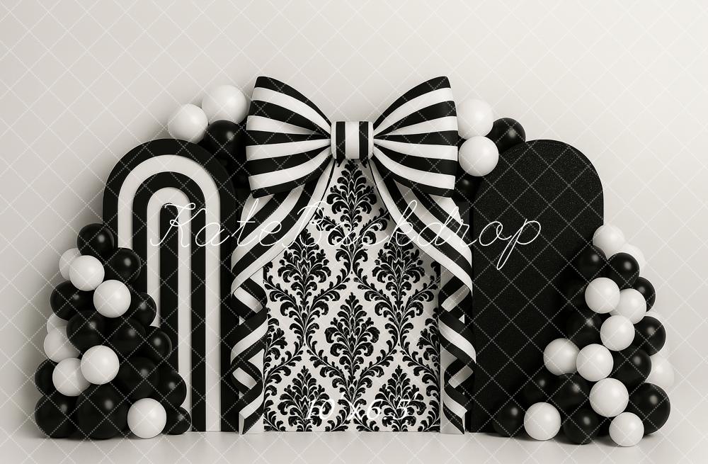 Kate Cake Smash Black White Bow Balloons Backdrop Designed by Ashley Paul -UK