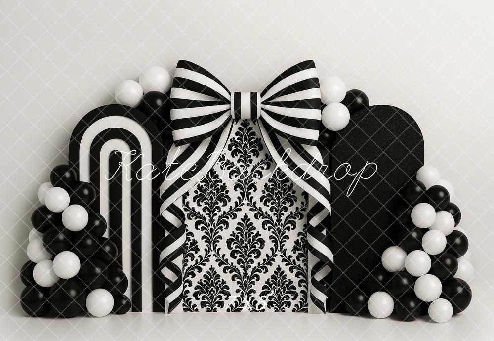 Kate Cake Smash Black White Bow Balloons Backdrop Designed by Ashley Paul -UK