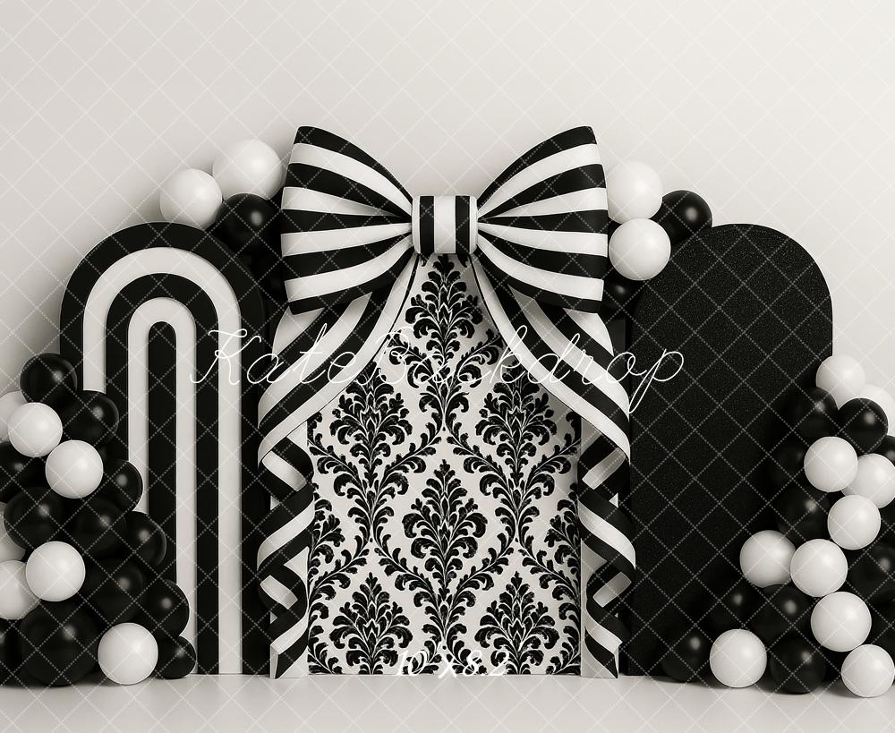 Kate Cake Smash Black White Bow Balloons Backdrop Designed by Ashley Paul -UK