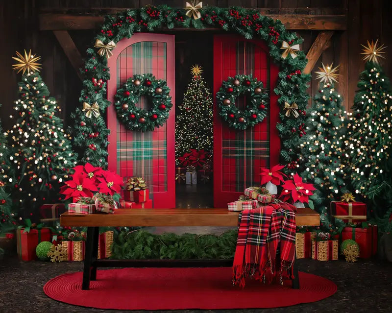 Lightning Deals Kate Christmas Tree Plaid Barn Door Garland Backdrop Designed by Mini MakeBelieve -UK