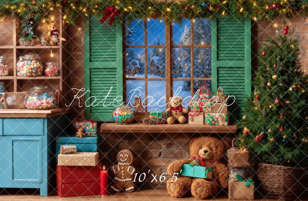 Kate Christmas Teddy Bear Window Green Backdrop Designed by Emetselch