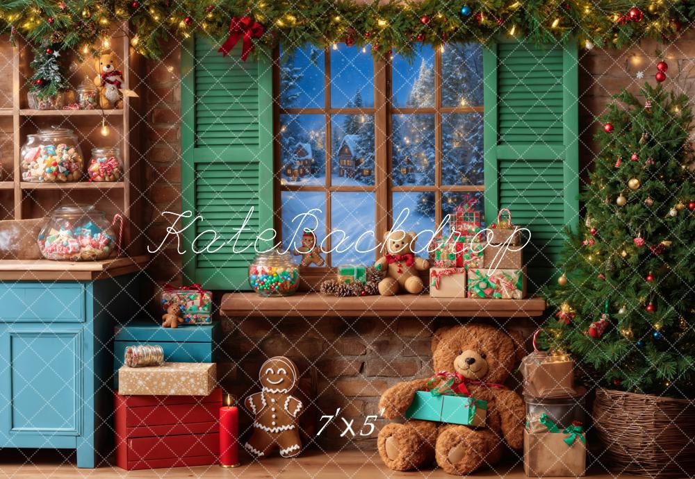 Kate Christmas Teddy Bear Window Green Backdrop Designed by Emetselch