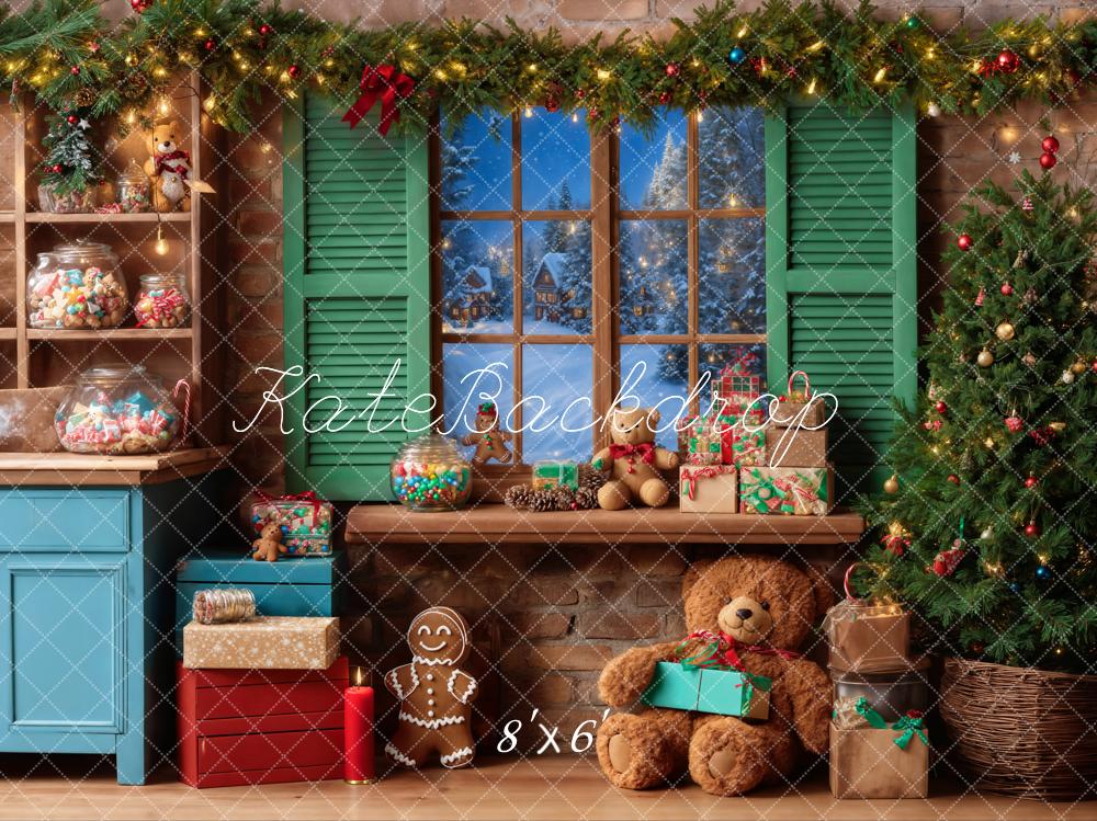 Kate Christmas Teddy Bear Window Green Backdrop Designed by Emetselch