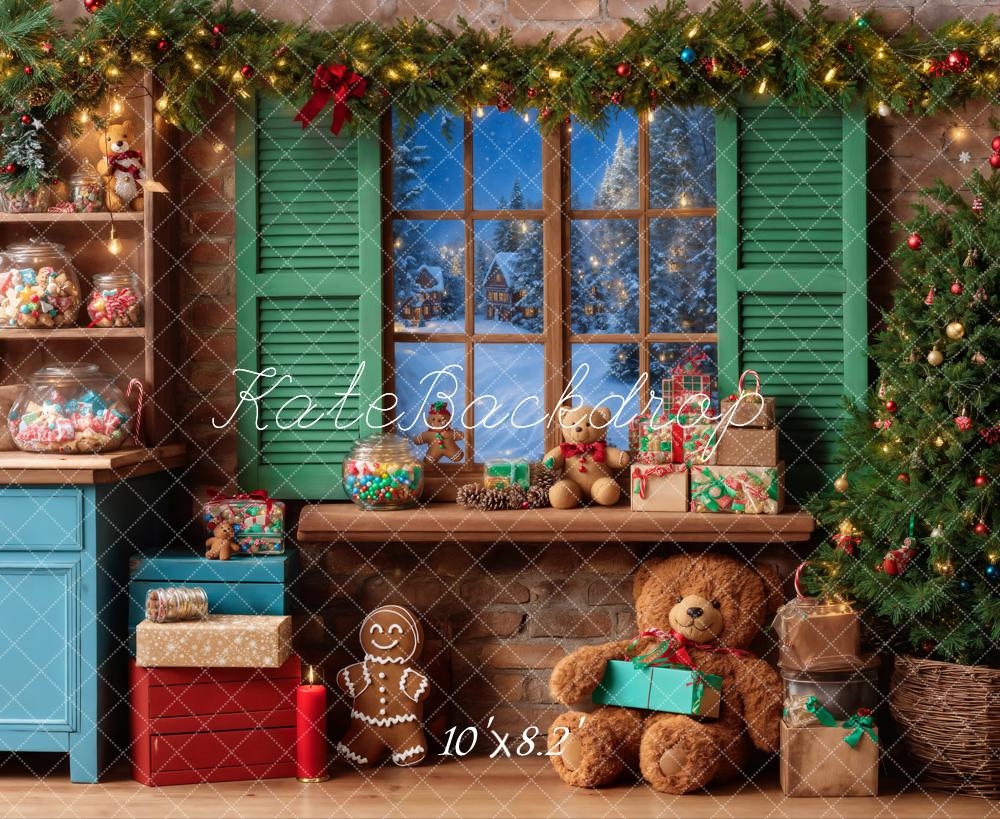 Kate Christmas Teddy Bear Window Green Backdrop Designed by Emetselch