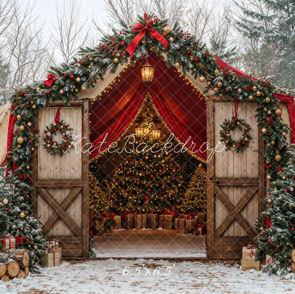 Kate Christmas Tree Barn Bow Snow Forest Backdrop Designed by Emetselch