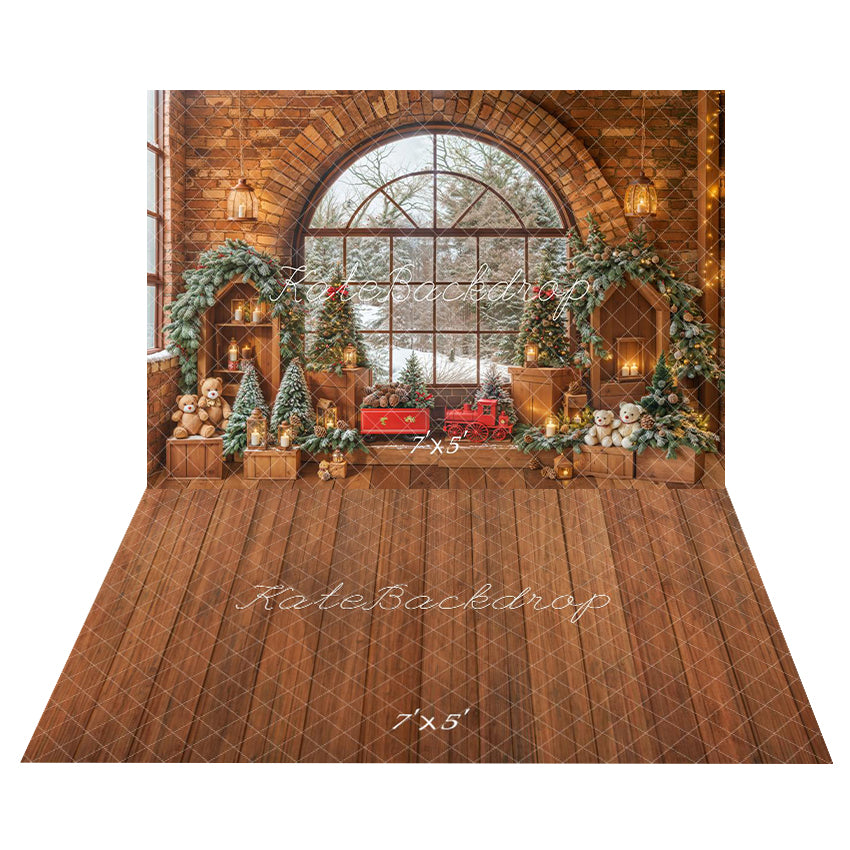 Kate Christmas Toys Room Window Brick Backdrop+Rustic Brown Wood Floor Backdrop