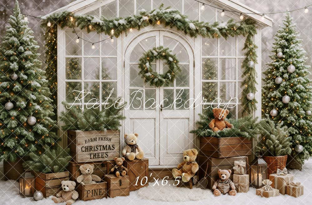 Kate Christmas Tree Teddy Bear White Cabin Backdrop Designed by Patty Robert