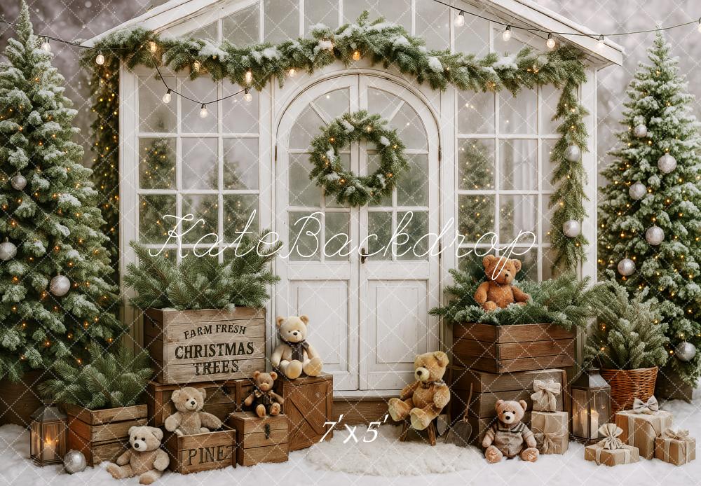 Kate Christmas Tree Teddy Bear White Cabin Backdrop Designed by Patty Robert