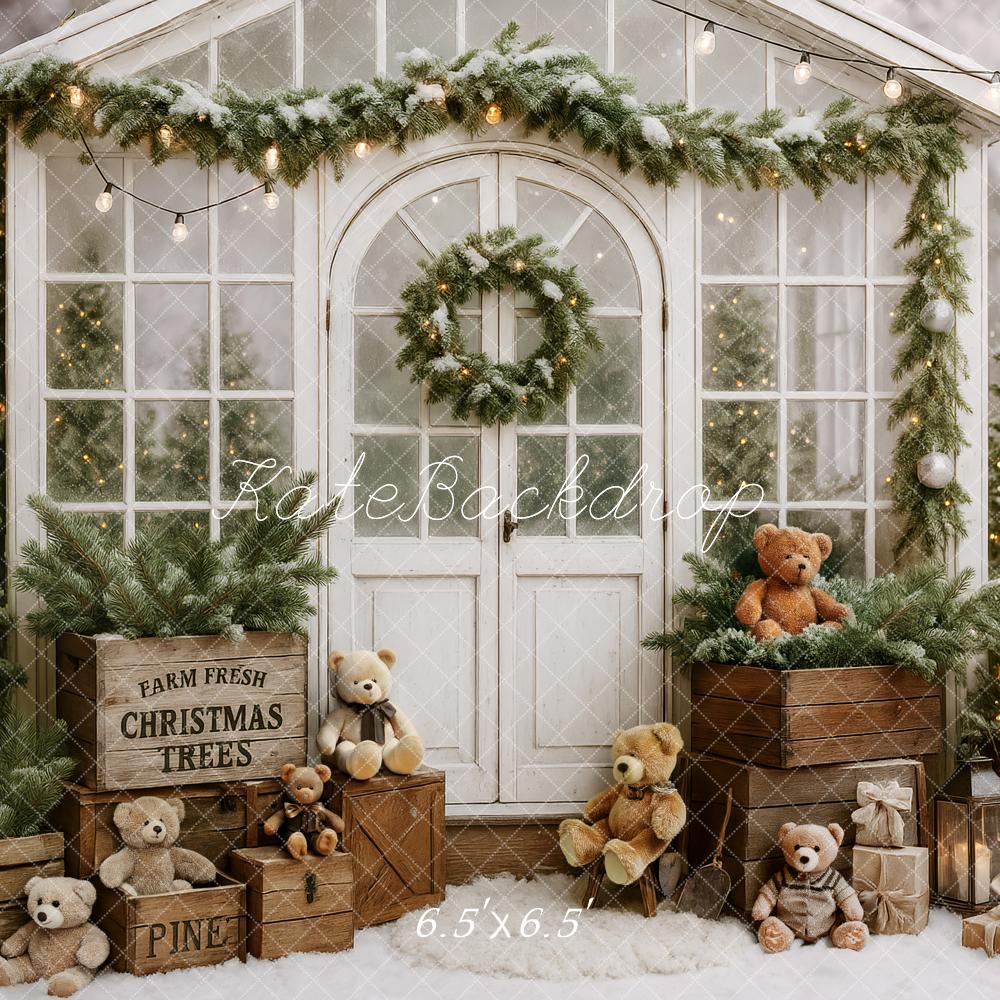 Kate Christmas Tree Teddy Bear White Cabin Backdrop Designed by Patty Robert