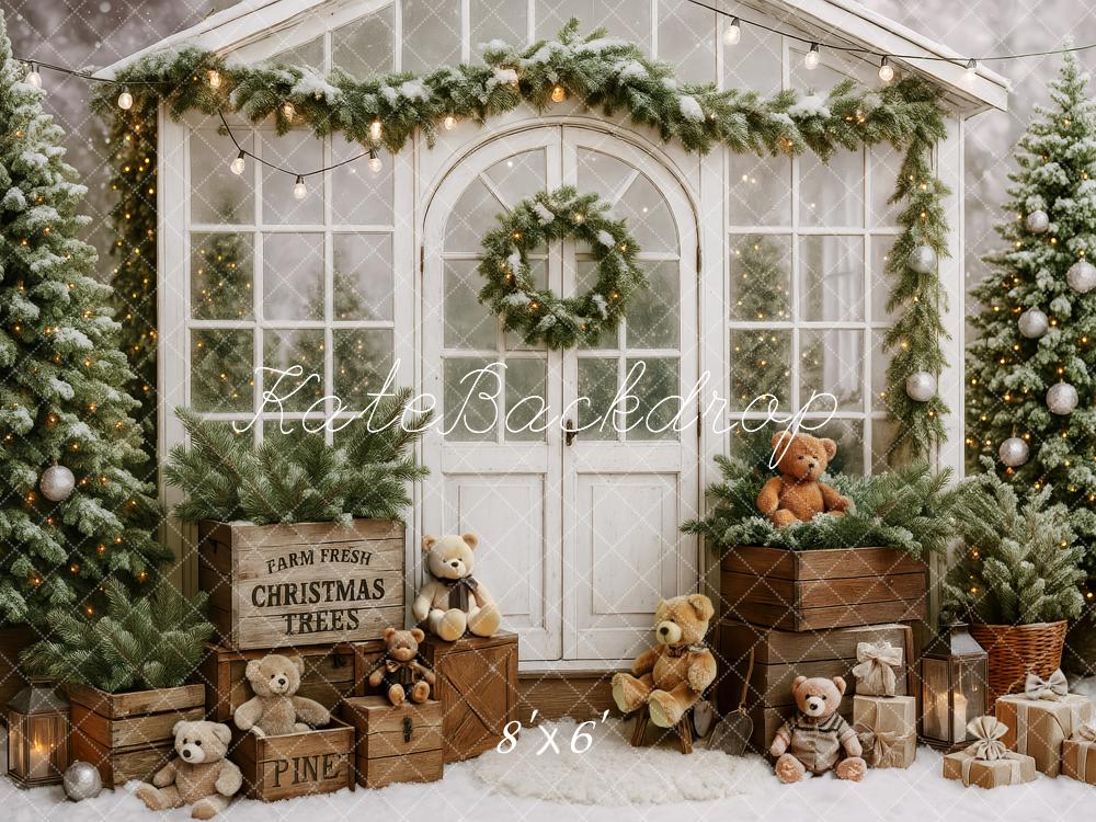 Kate Christmas Tree Teddy Bear White Cabin Backdrop Designed by Patty Robert