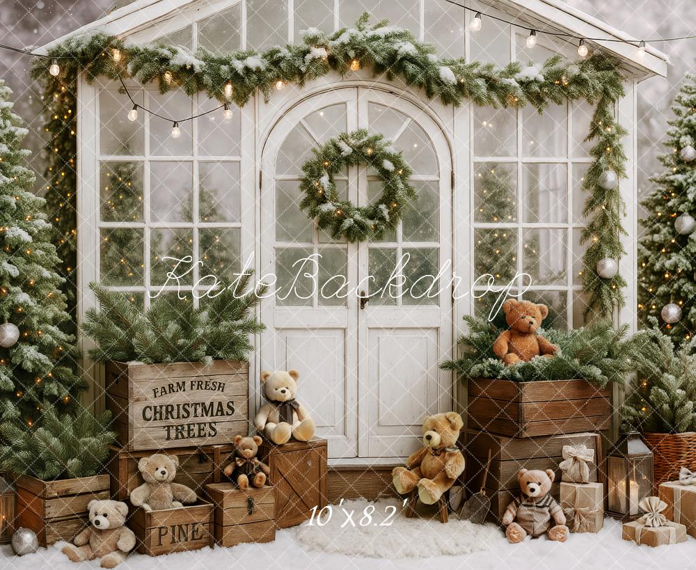 Kate Christmas Tree Teddy Bear White Cabin Backdrop Designed by Patty Robert