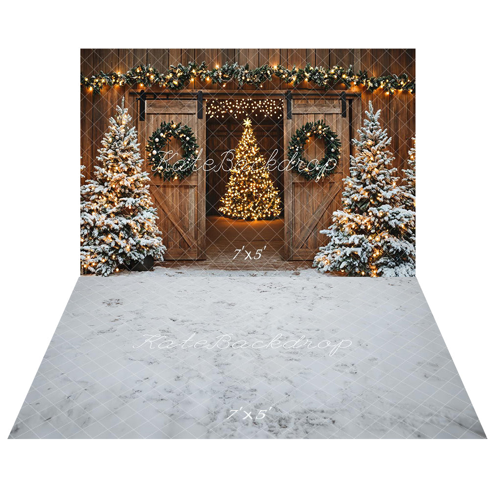 Kate Christmas Tree Barn Door Lights Backdrop+Snowy Ground Floor Backdrop