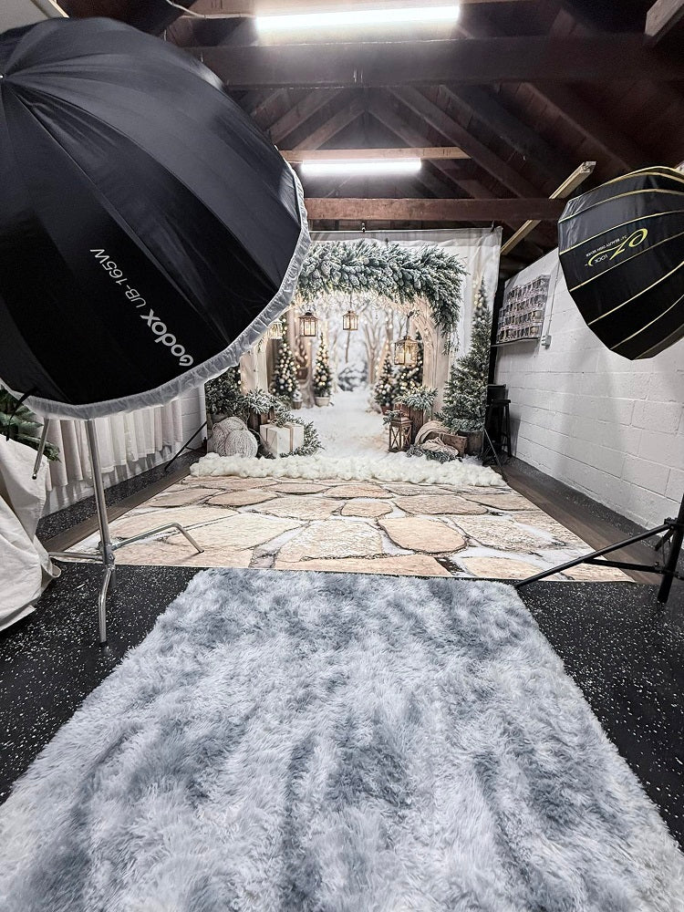 Kate Christmas Arch Garland Snow Trees Backdrop+Cobblestone Snow Floor Backdrop -UK