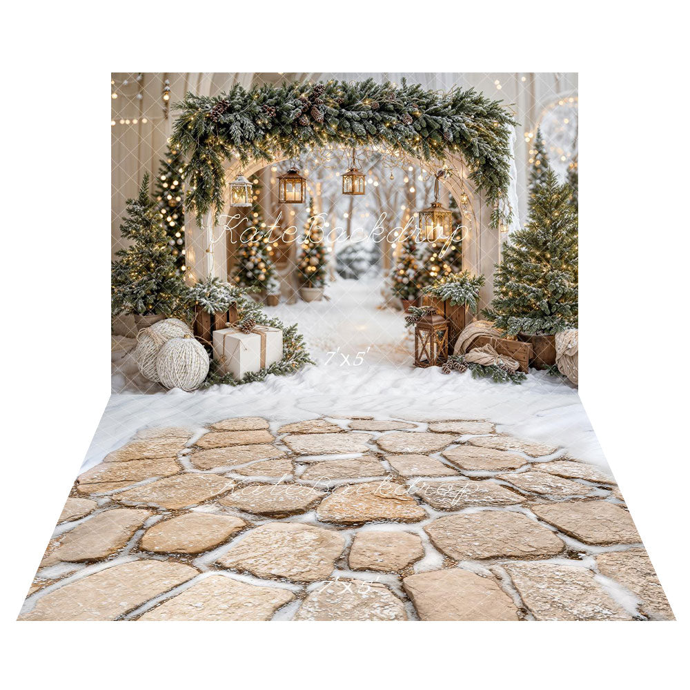 On Sale Kate Christmas Arch Garland Snow Trees Backdrop+Cobblestone Snow Floor Backdrop -UK