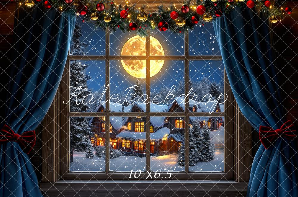 Kate Christmas Moonlit Snowy Window Village Backdrop Designed by Mini MakeBelieve