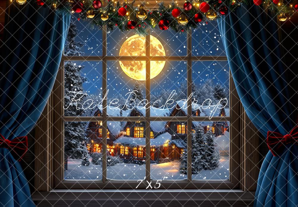 Kate Christmas Moonlit Snowy Window Village Backdrop Designed by Mini MakeBelieve