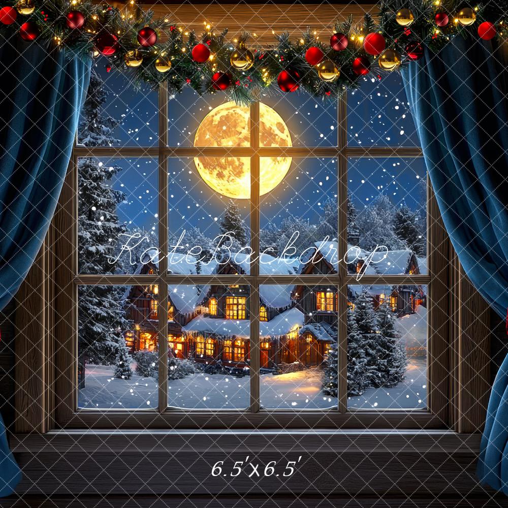 Kate Christmas Moonlit Snowy Window Village Backdrop Designed by Mini MakeBelieve