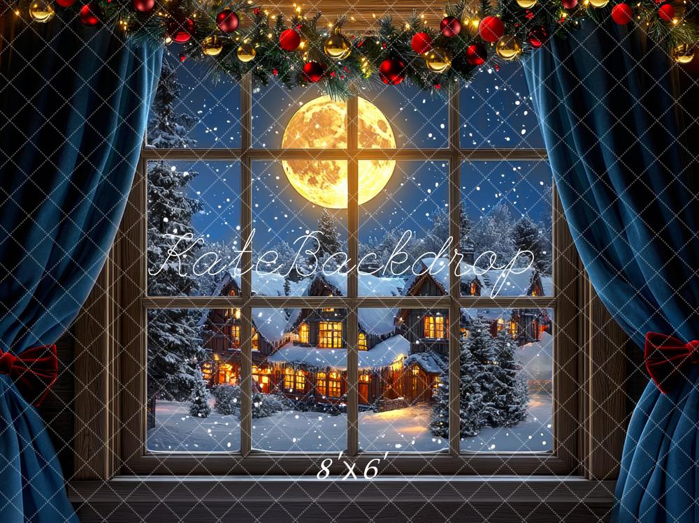 Kate Christmas Moonlit Snowy Window Village Backdrop Designed by Mini MakeBelieve
