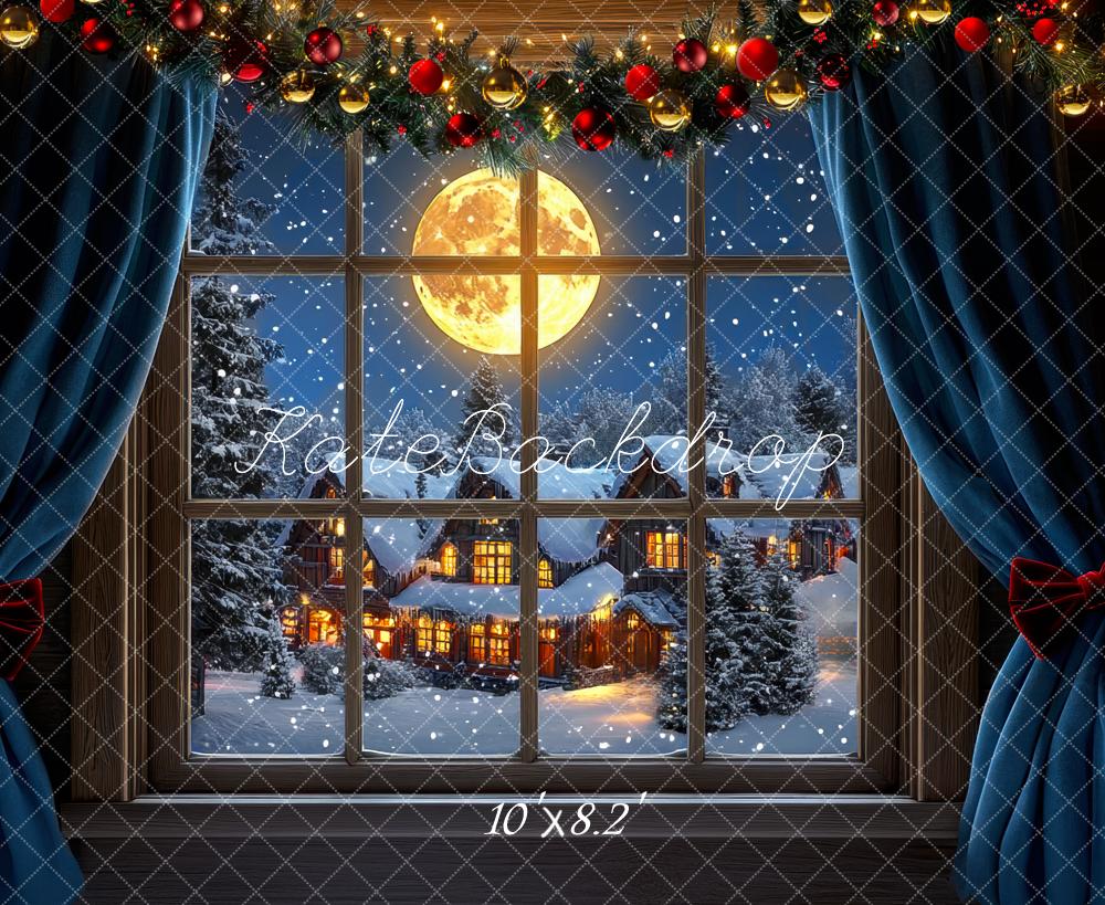 Kate Christmas Moonlit Snowy Window Village Backdrop Designed by Mini MakeBelieve
