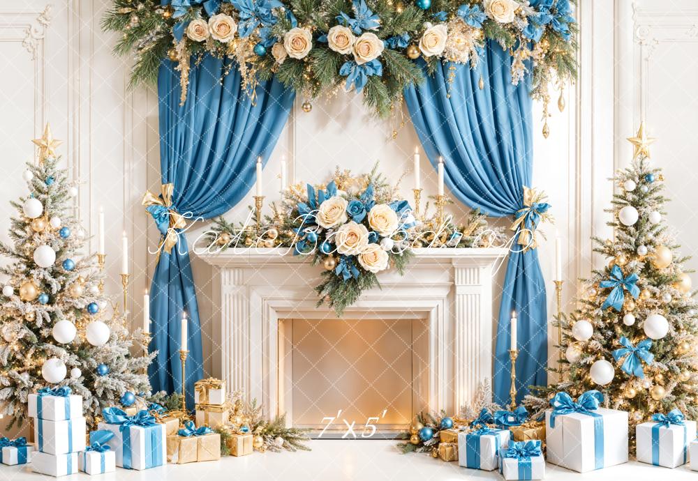 Lightning Deals Kate Christmas Tree Blue Curtain Fireplace Gifts Backdrop Designed by Emetselch -UK