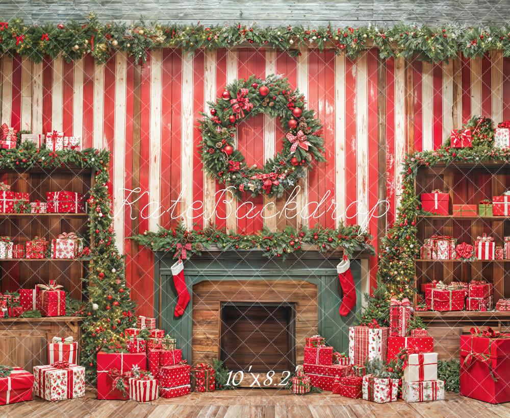 Kate Christmas Fireplace Wall Gifts Red Backdrop Designed by Emetselch