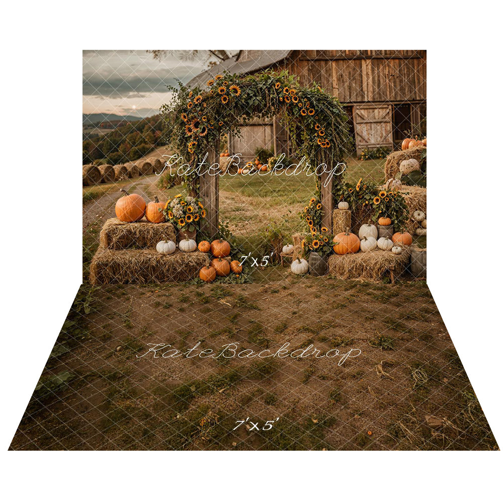 Kate Autumn Sunflower Arch Pumpkin Farm Backdrop+Earthy Ground Floor Backdrop