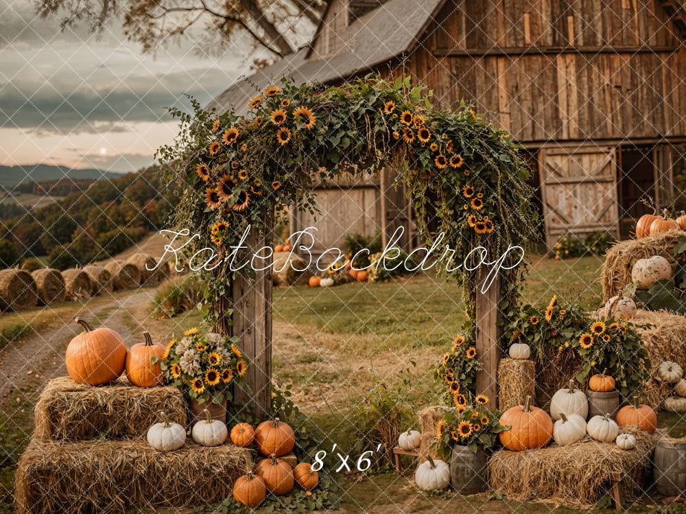 Kate Autumn Rustic Sunflower Arch Pumpkin Barn Backdrop Designed by Emetselch -UK