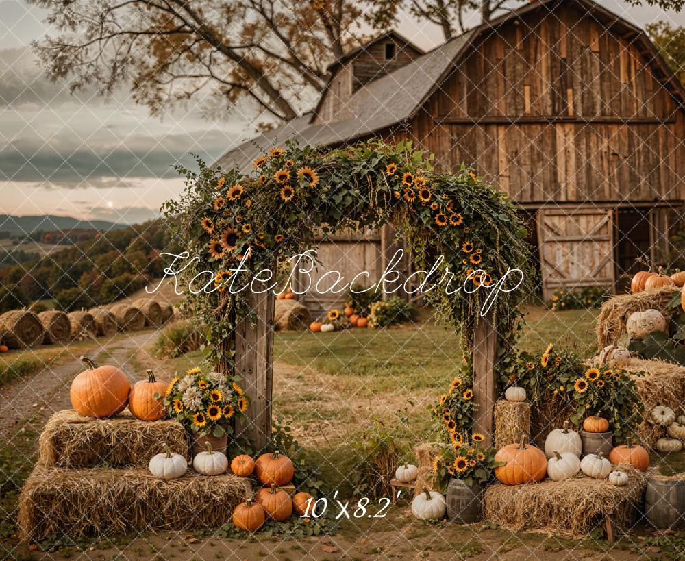 Kate Autumn Rustic Sunflower Arch Pumpkin Barn Backdrop Designed by Emetselch -UK