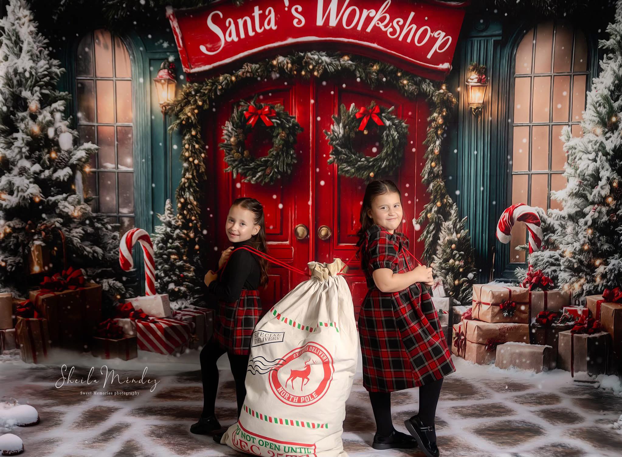 On Sale Kate Christmas Santa Workshop Red Door Backdrop Designed by Emetselch -UK