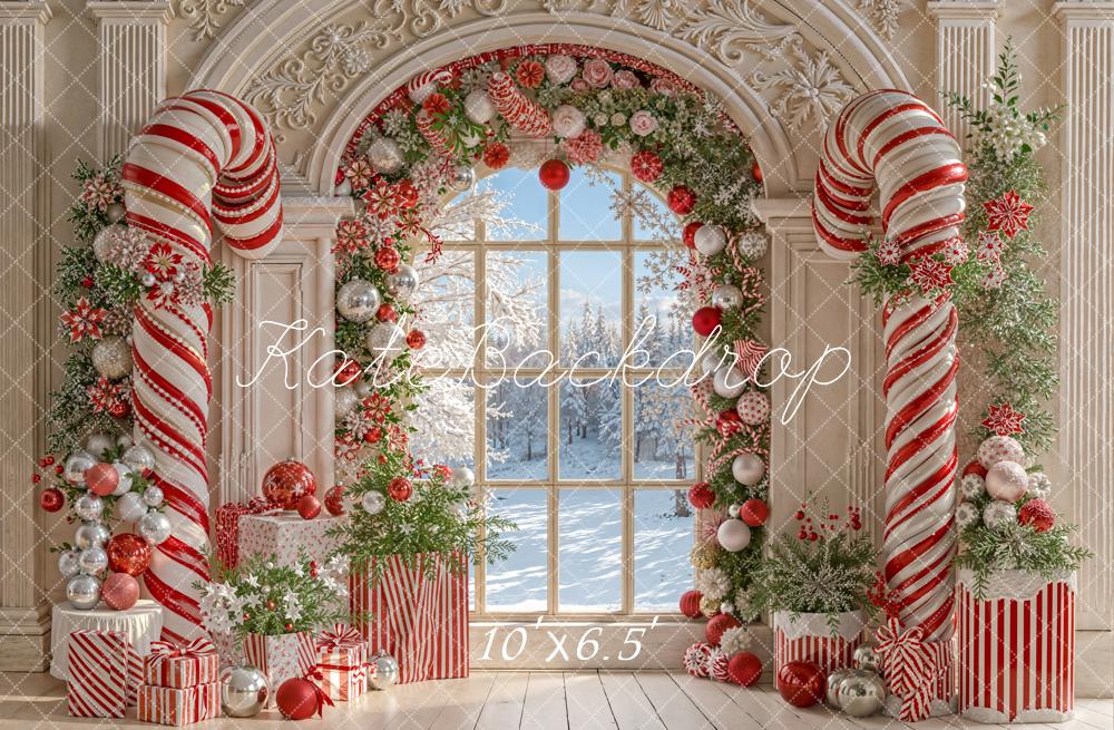 On Sale Kate Christmas Candy Cane Arched Window Backdrop Designed by Emetselch