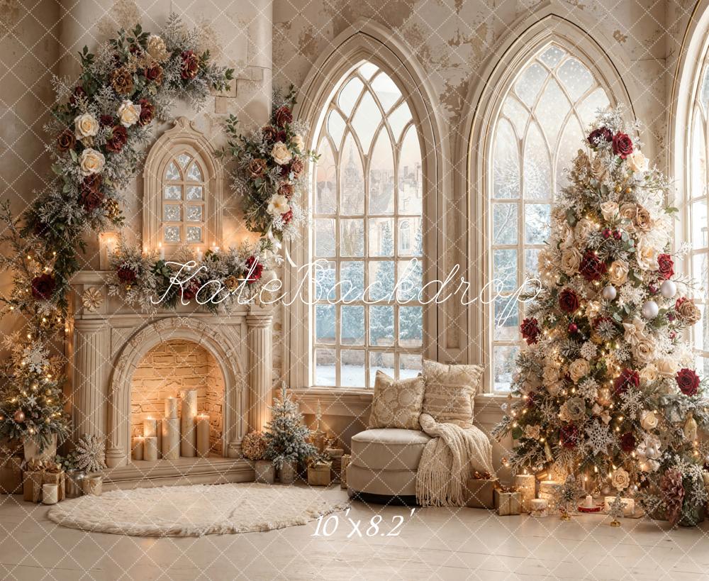 Kate Christmas Tree Roses Fireplace Arched Window Backdrop Designed by Emetselch -UK