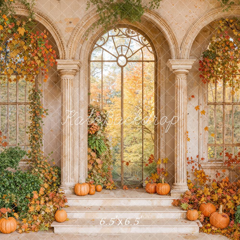 Kate Autumn Retro Arch Maple Leaves Pumpkin Backdrop Designed by Emetselch -UK