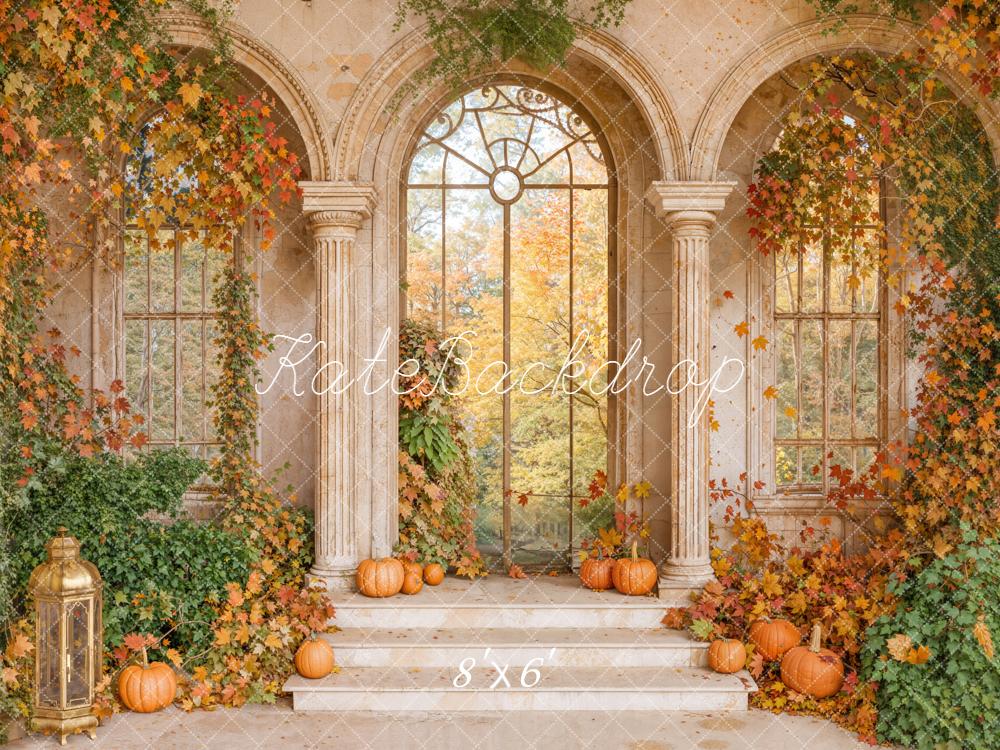 Kate Autumn Retro Arch Maple Leaves Pumpkin Backdrop Designed by Emetselch -UK