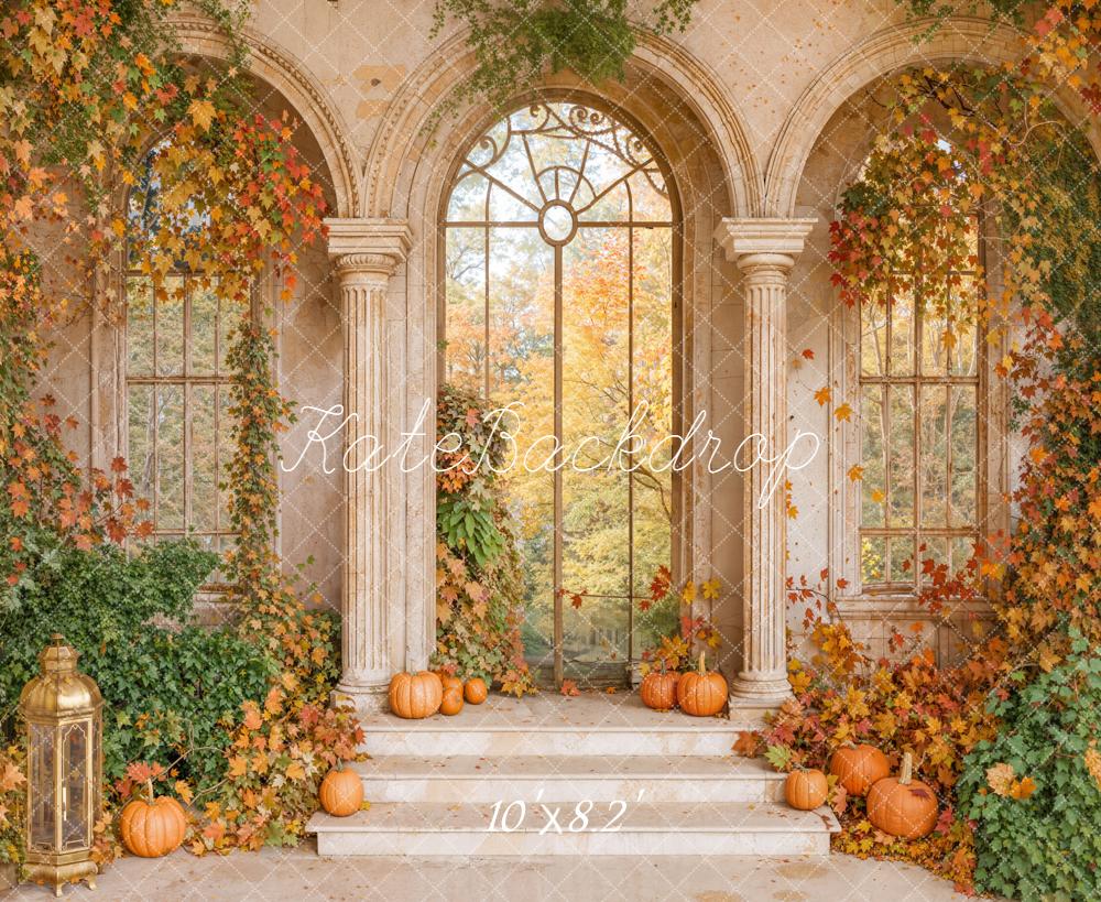 Kate Autumn Retro Arch Maple Leaves Pumpkin Backdrop Designed by Emetselch -UK