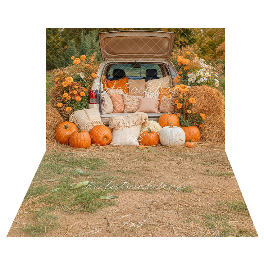 Kate Autumn Pumpkin Truck Hay Bales Backdrop+Earthy Grass Floor Backdrop