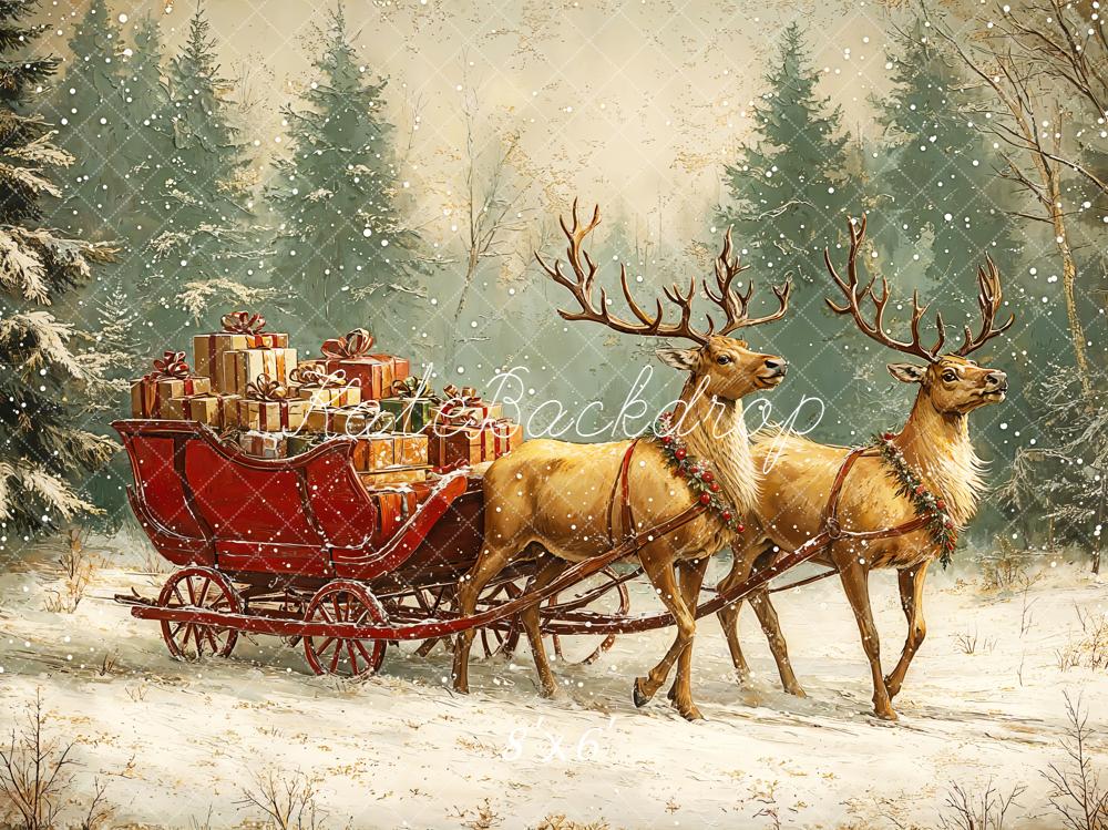 Kate Christmas Reindeer Sleigh Forest Snowy Backdrop Designed by GQ -UK