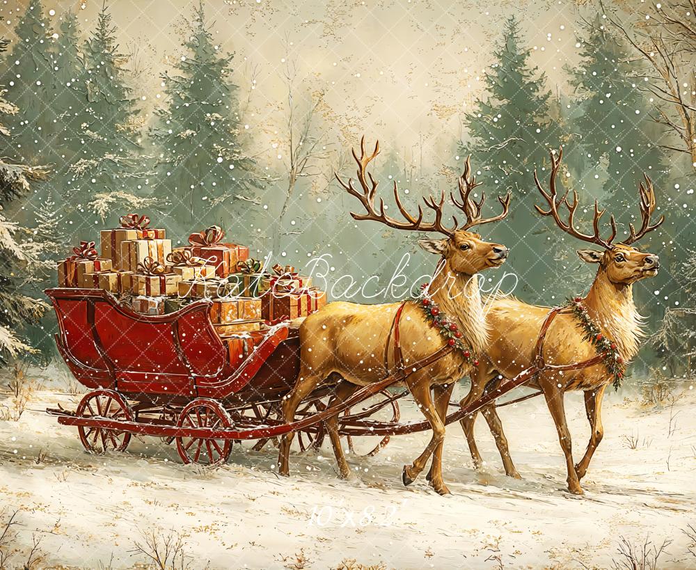 Kate Christmas Reindeer Sleigh Forest Snowy Backdrop Designed by GQ -UK