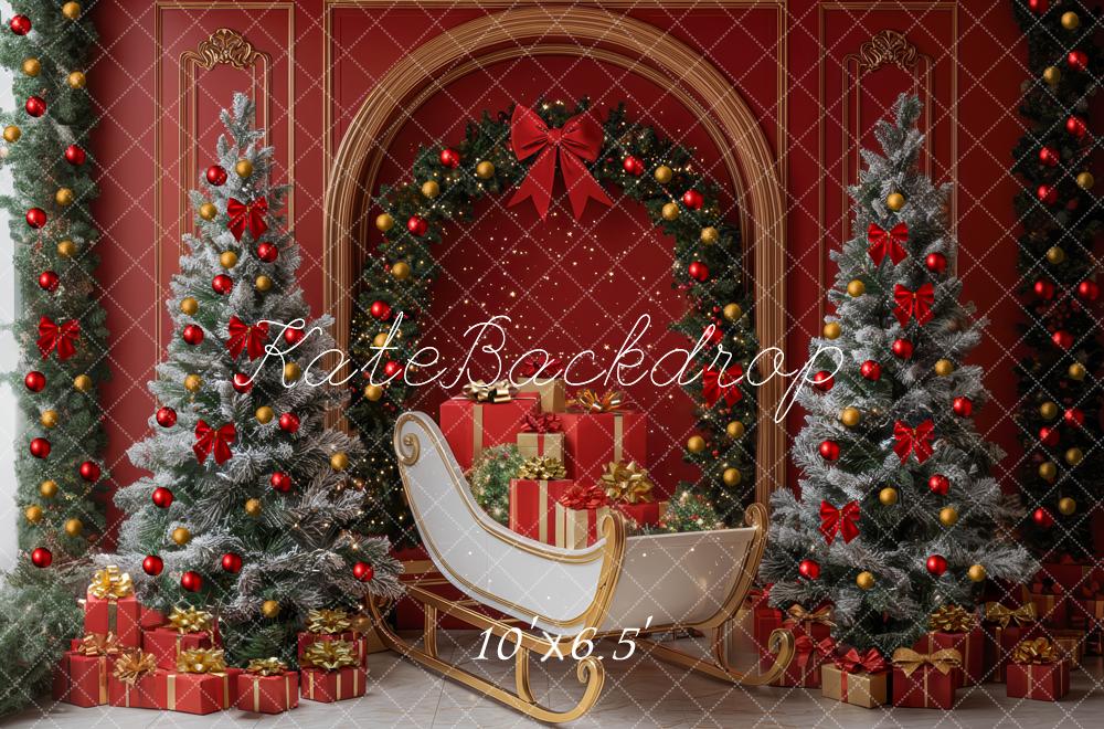 Kate Christmas Tree Sleigh Arch Red Wall Backdrop Designed by Mini MakeBelieve -UK