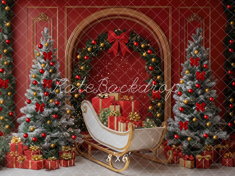 Kate Christmas Tree Sleigh Arch Red Wall Backdrop Designed by Mini MakeBelieve -UK