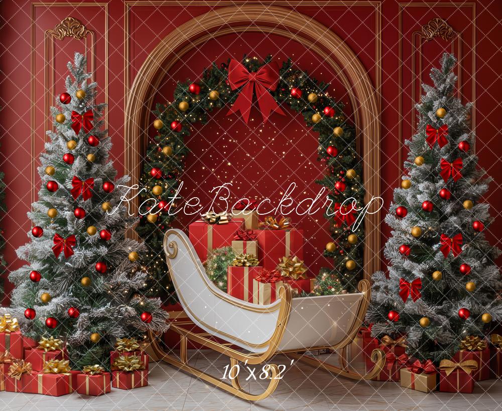 Kate Christmas Tree Sleigh Arch Red Wall Backdrop Designed by Mini MakeBelieve -UK