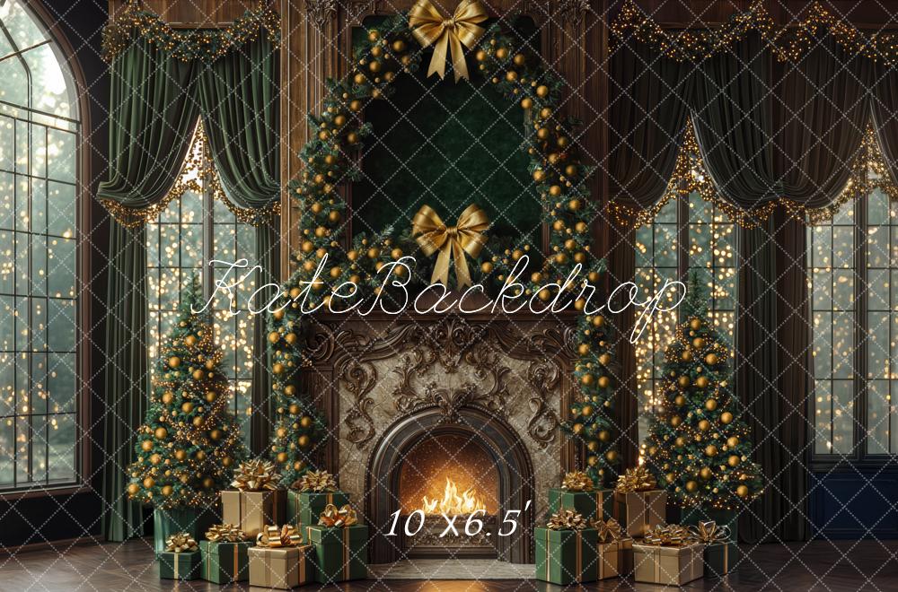 Kate Christmas Fireplace Green Curtains Window Backdrop Designed by Mini MakeBelieve -UK