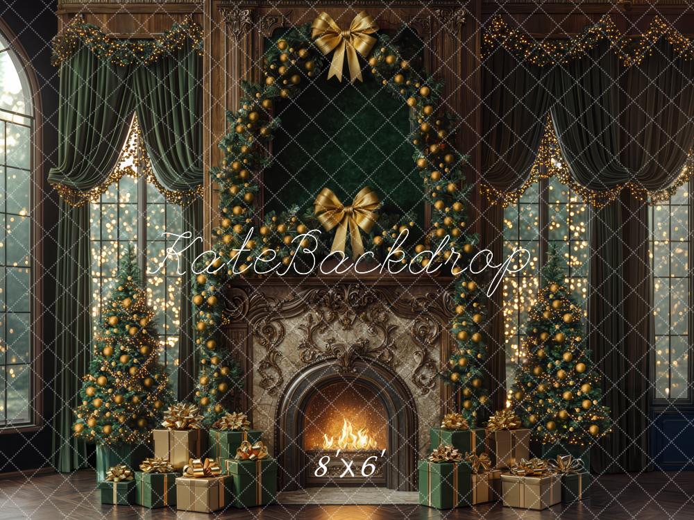 Kate Christmas Fireplace Green Curtains Window Backdrop Designed by Mini MakeBelieve -UK