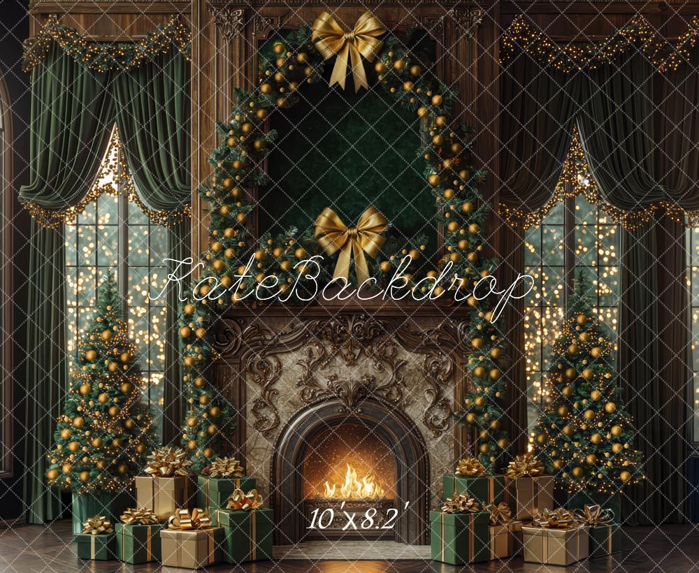 Kate Christmas Fireplace Green Curtains Window Backdrop Designed by Mini MakeBelieve -UK